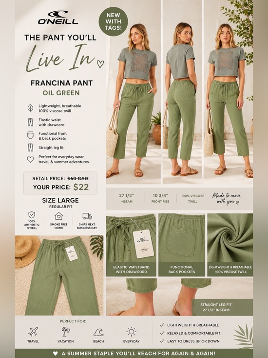 O'Neill Pants - O'Neill Francina Pant in Oil Green Cropped | L | NWT